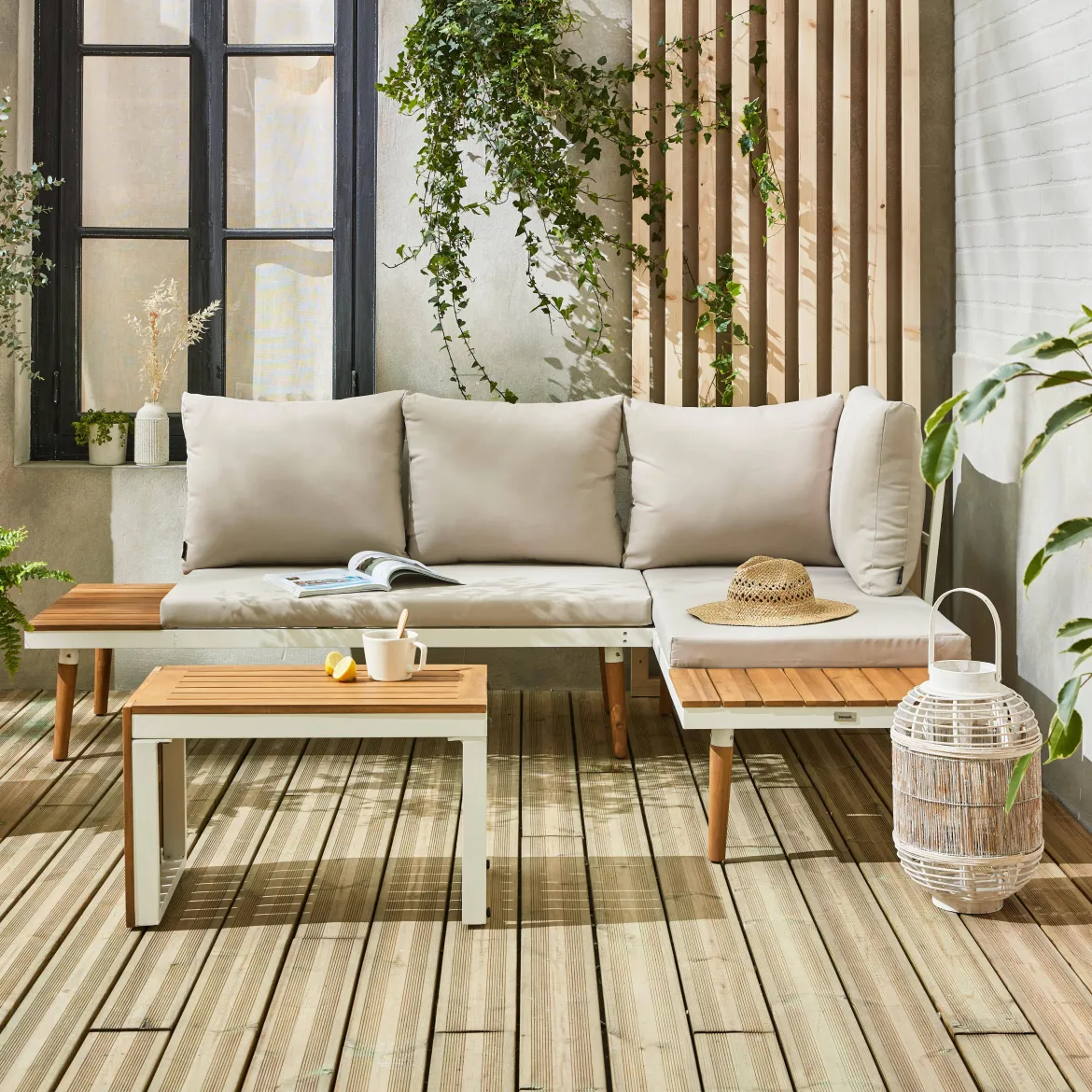 Salotto da giardino in alluminio e acacia, 4 posti