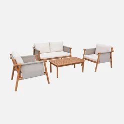 Salotto da giardino in legno di acacia e tessuto beige, 4 posti