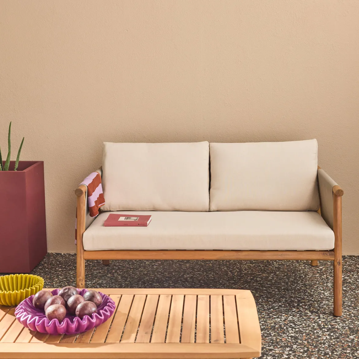 Salotto da giardino in legno di acacia e tessuto beige, 4 posti