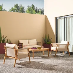 Salotto da giardino in legno di acacia e tessuto beige, 4 posti