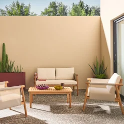 Salotto da giardino in legno di acacia e tessuto beige, 4 posti