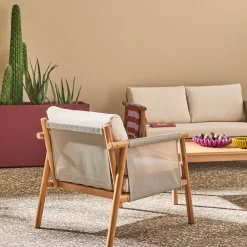 Salotto da giardino in legno di acacia e tessuto beige, 4 posti