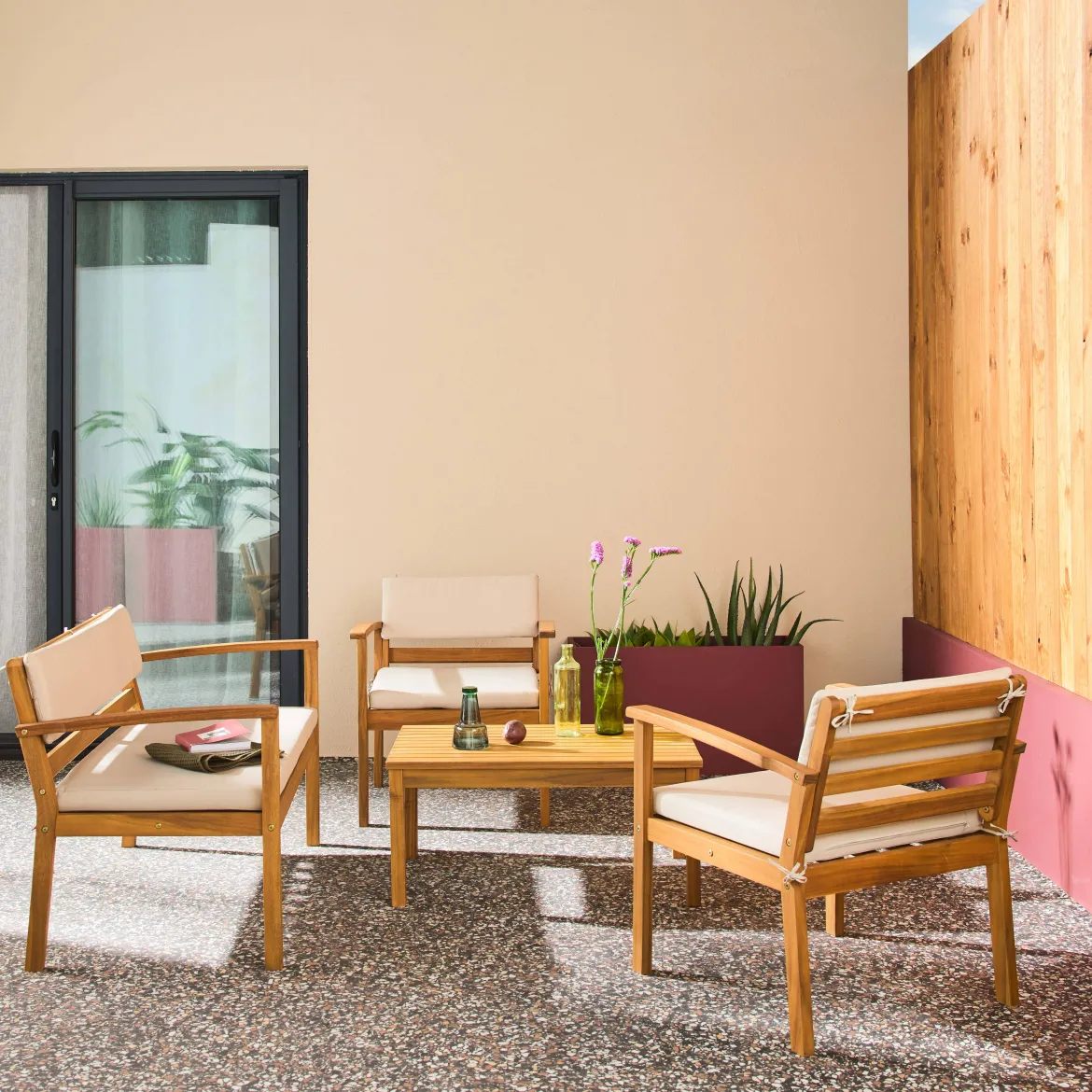 Salotto da giardino in legno di acacia, 4 posti