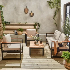 Salotto da giardino in legno di eucalipto e alluminio, 5 posti