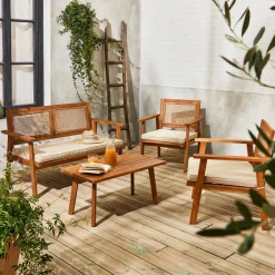 Salotto da giardino in legno e canna rotonda, 4 posti
