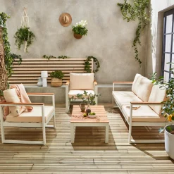 Salotto da giardino in legno di eucalipto e alluminio, 5 posti