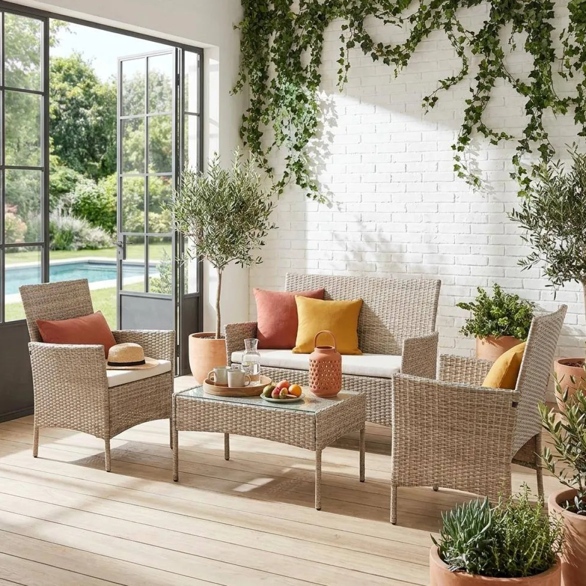 Salotto da giardino in resina intrecciata, 4 posti