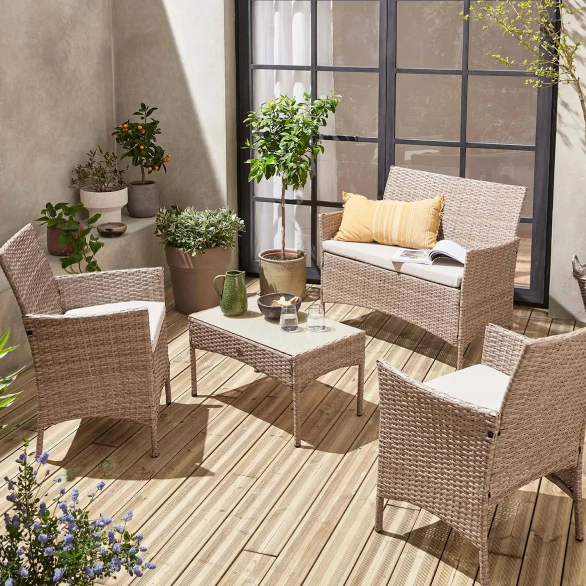 Salotto da giardino in resina intrecciata, 4 posti