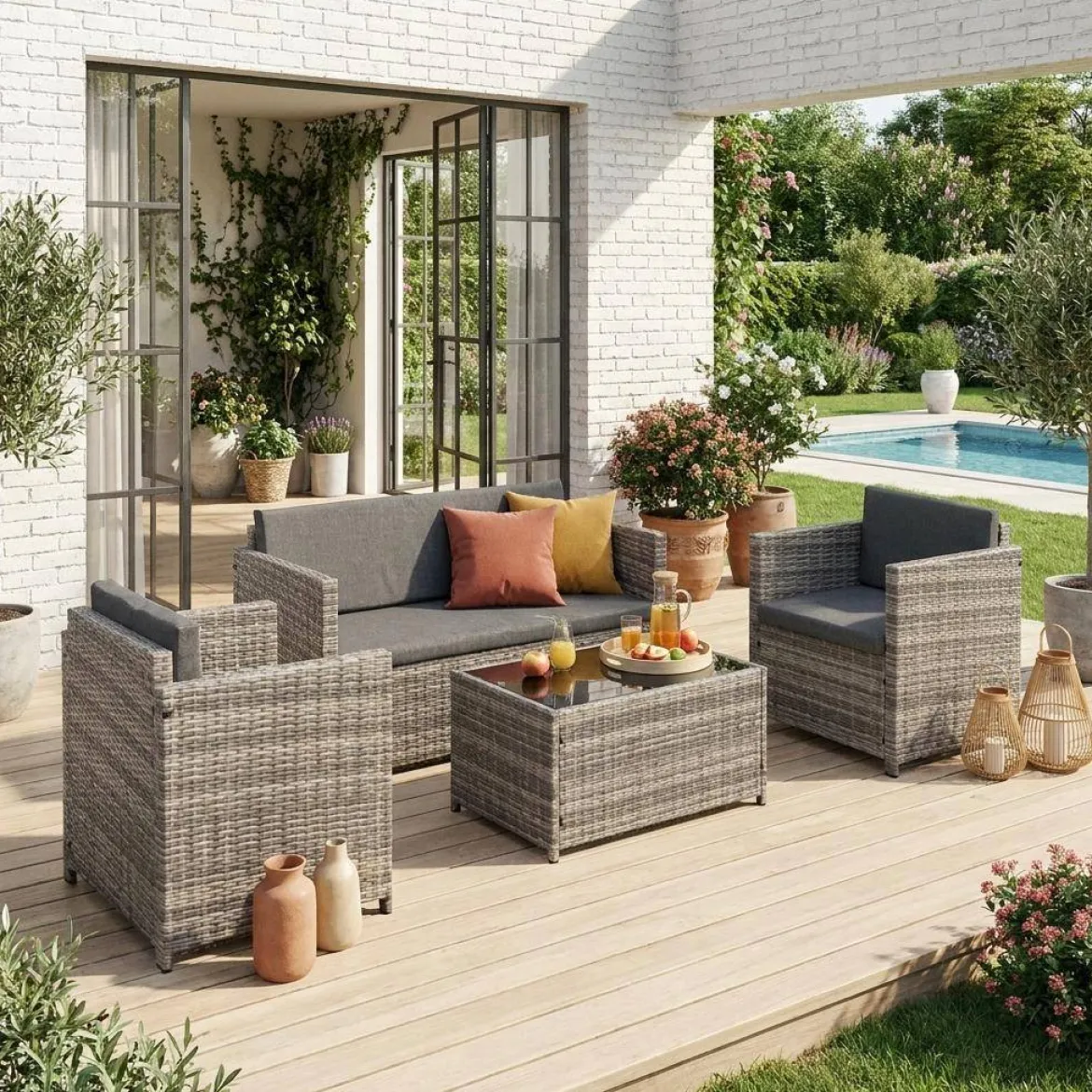 Salotto da giardino in resina intrecciata, 4 posti