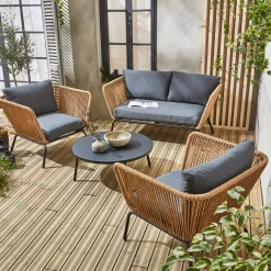 Salotto da giardino in resina intrecciata effetto rattan, 4 posti
