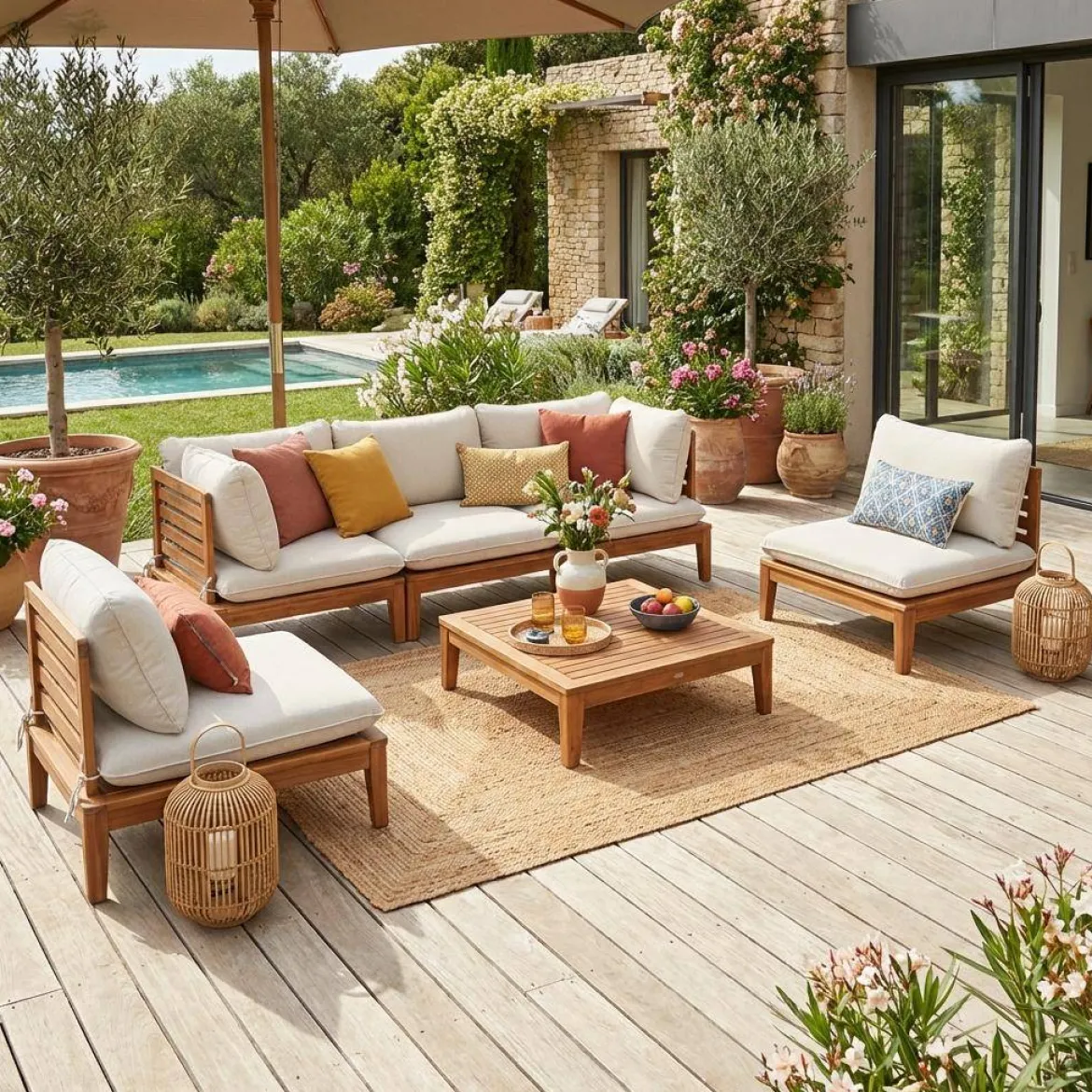 Salotto da giardino modulare in legno di acacia e bouclé, 5 posti