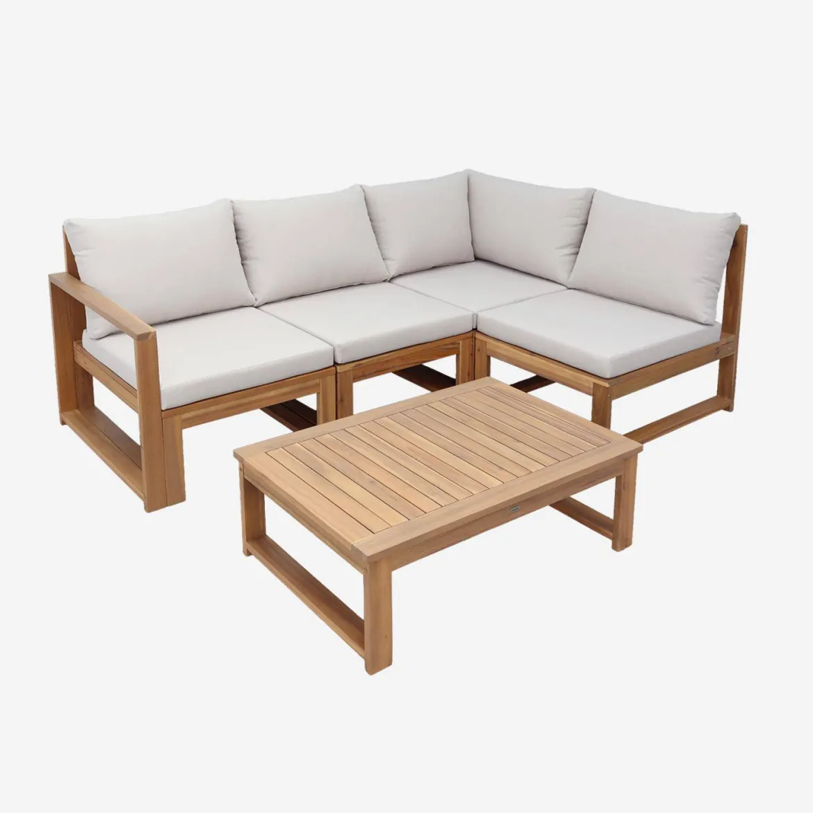 Salotto da giardino modulare in legno di acacia e tessuto beige, 4 posti
