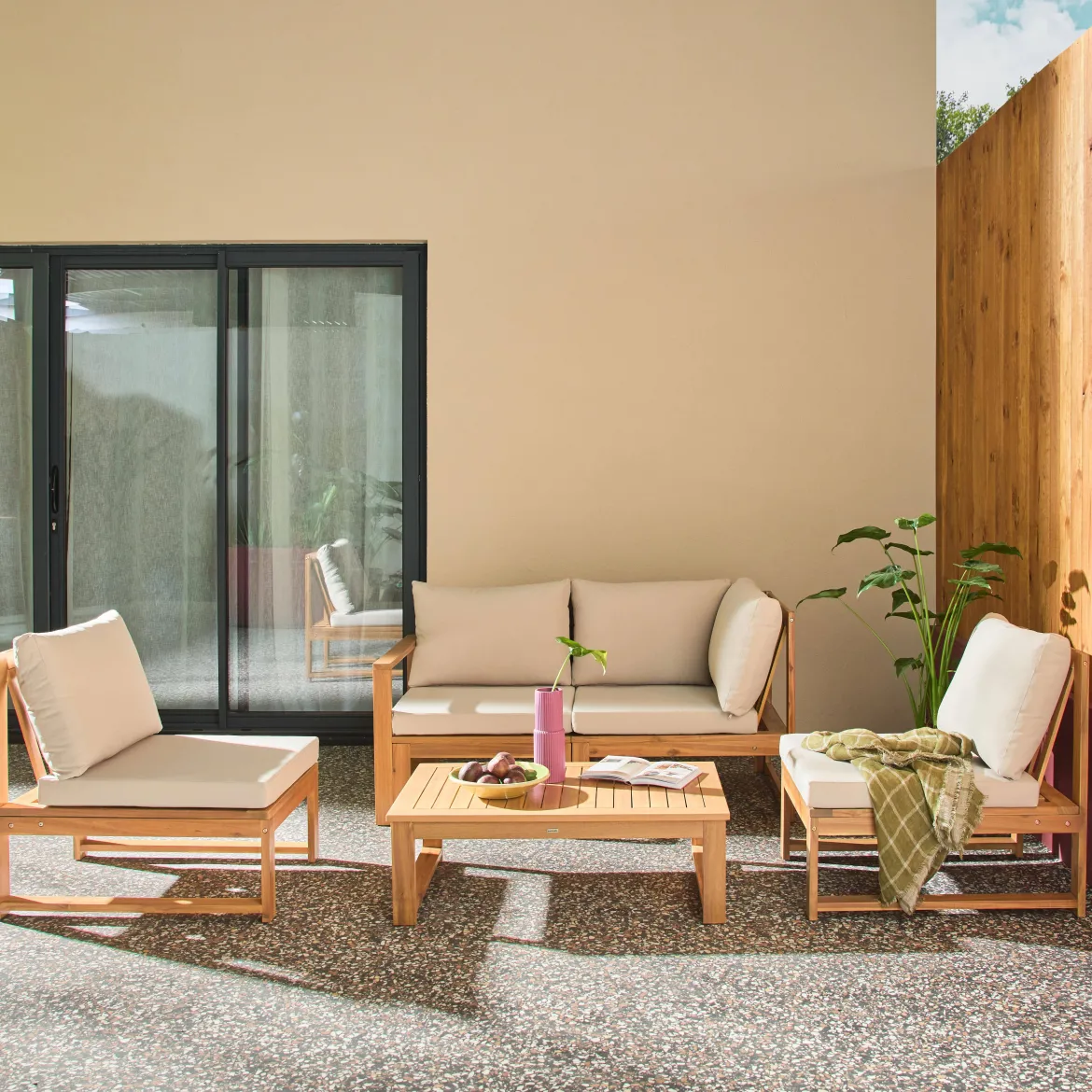 Salotto da giardino modulare in legno di acacia e tessuto beige, 4 posti