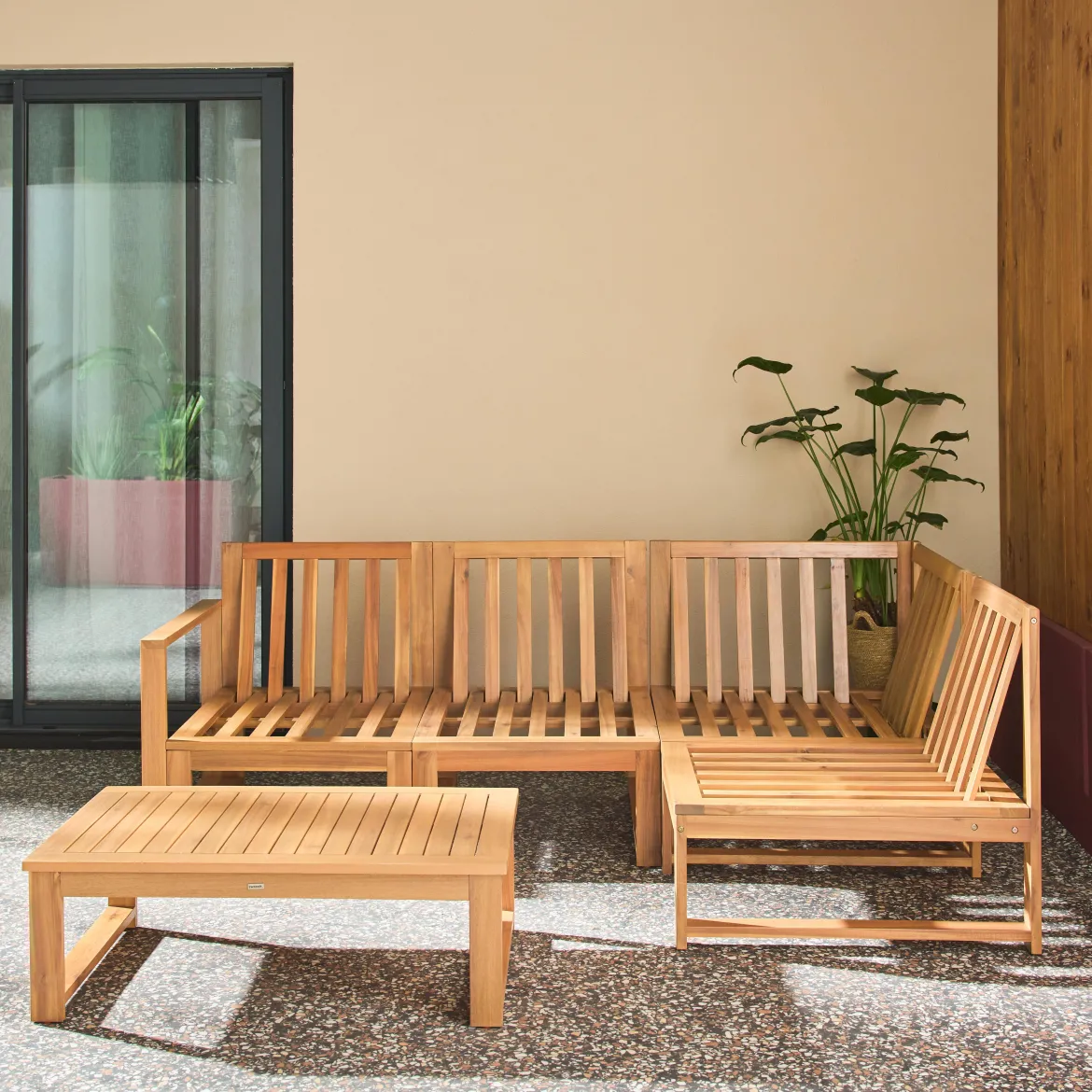 Salotto da giardino modulare in legno di acacia e tessuto beige, 4 posti