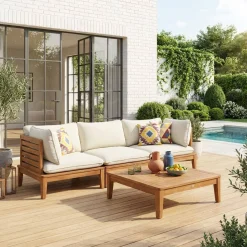Salotto da giardino modulare in legno di acacia e bouclé, 3 posti
