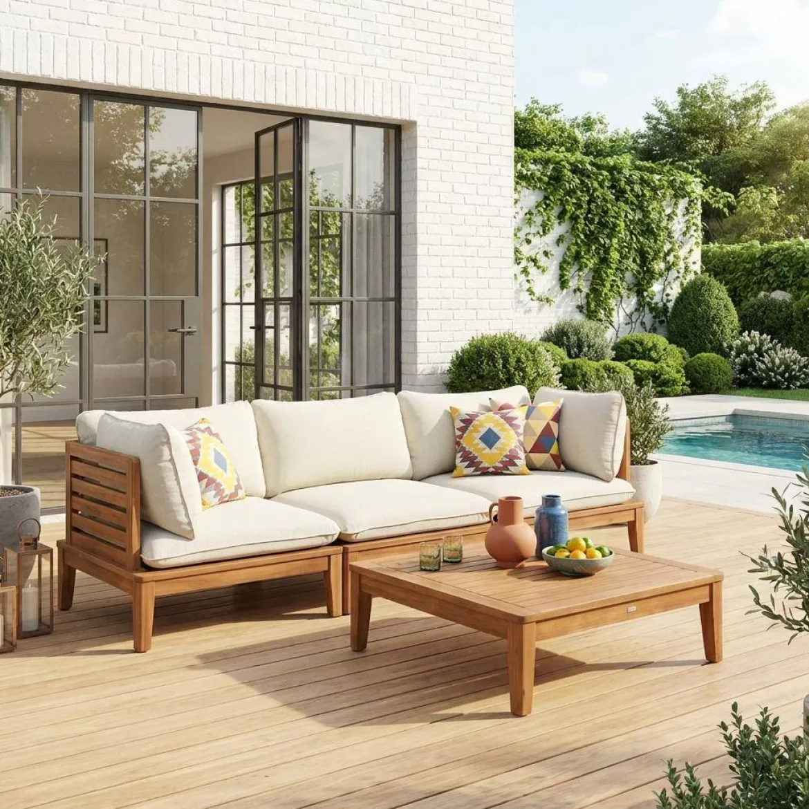 Salotto da giardino modulare in legno di acacia e bouclé, 3 posti