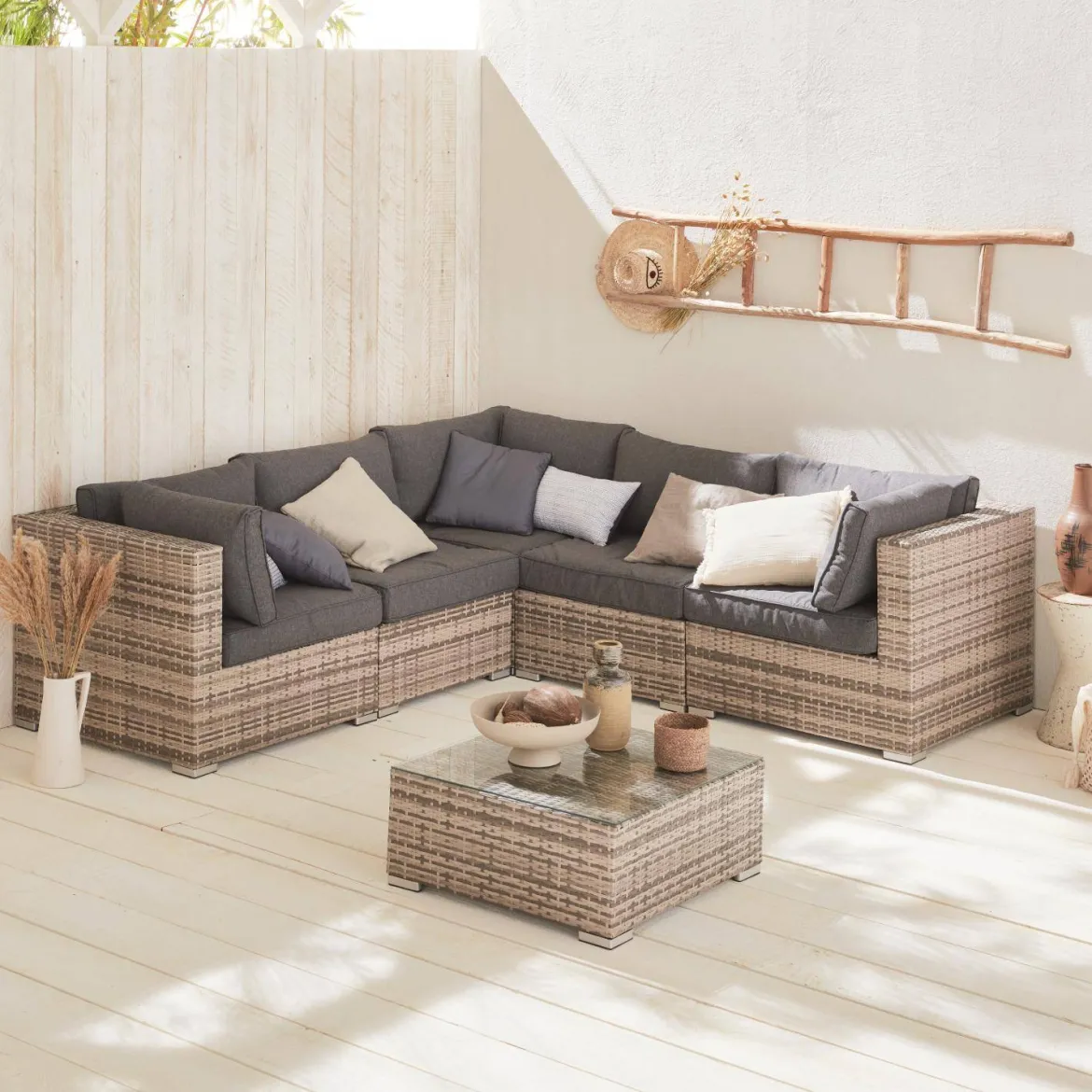 Salotto da giardino angolare in resina intrecciata, 5 posti