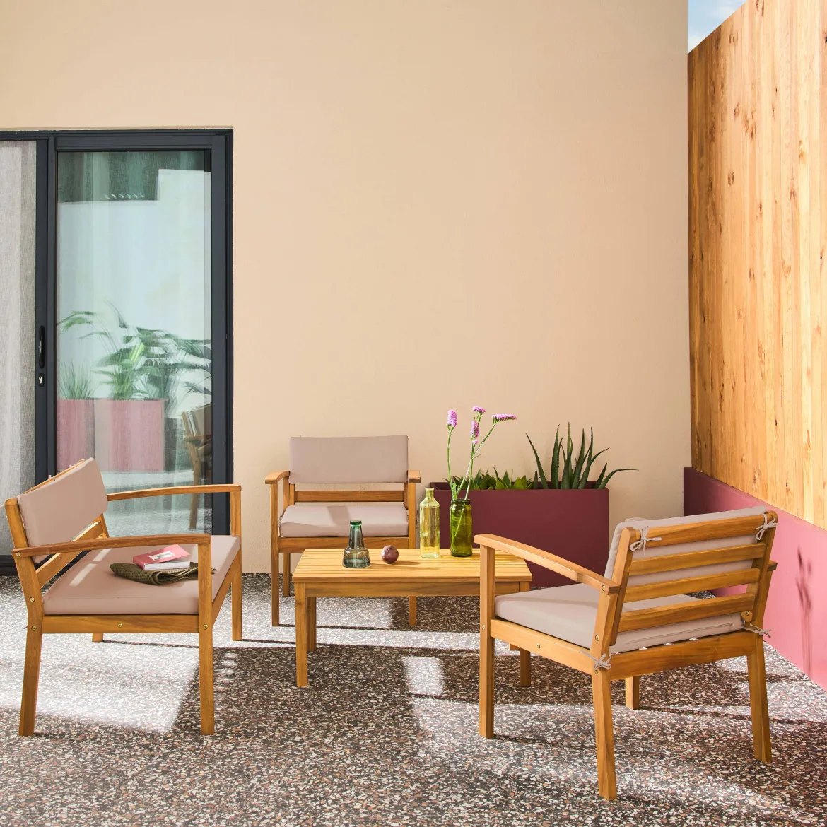 Salotto da giardino in legno di acacia, 4 posti