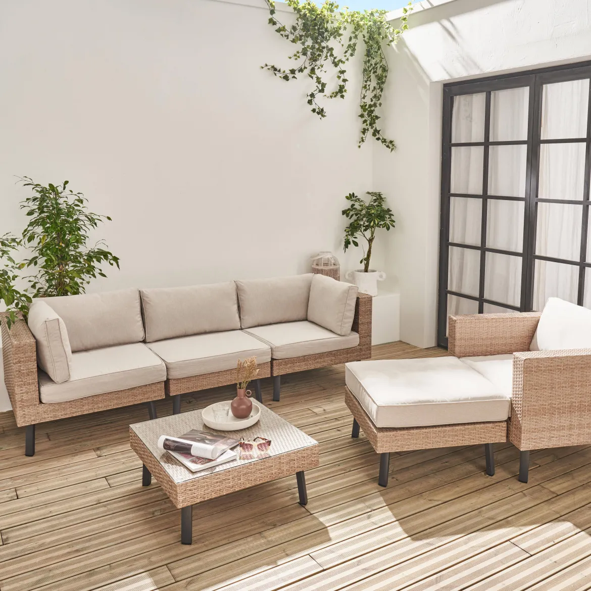 Salotto da giardino in resina intrecciata piatta, 5 posti