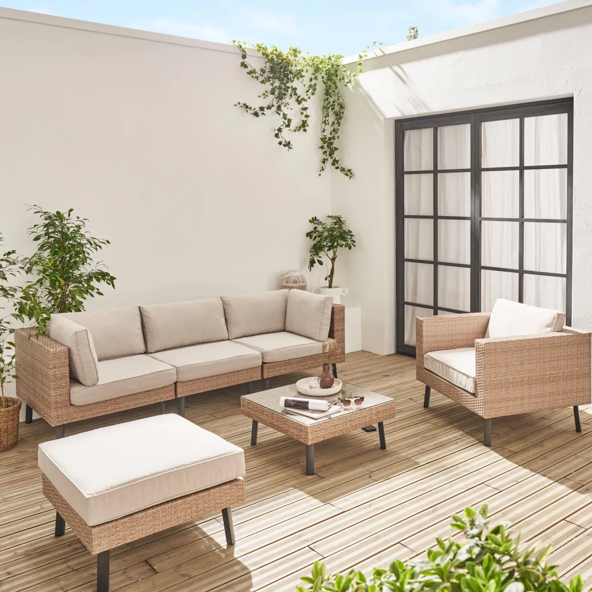 Salotto da giardino in resina intrecciata piatta, 5 posti