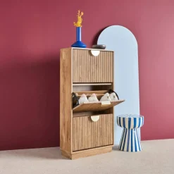 Scarpiera con decoro effetto legno di mango scanalato, 3 ante