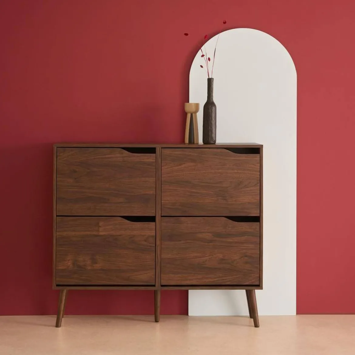 Scarpiera con decoro effetto legno, 4 ante