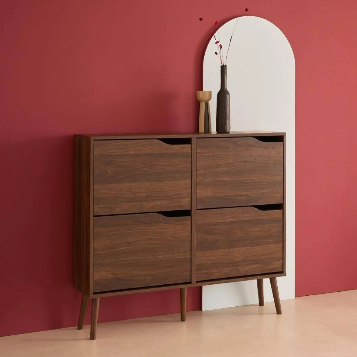 Scarpiera con decoro effetto legno, 4 ante