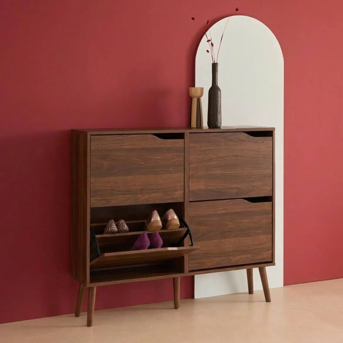 Scarpiera con decoro effetto legno, 4 ante