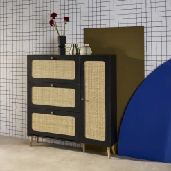 Scarpiera con decoro in legno e canna, 3 ante