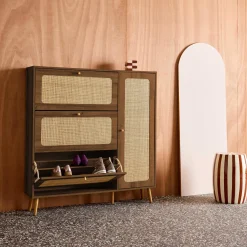Scarpiera con decoro in legno e canna, 3 ante