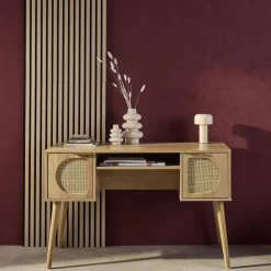 Scrivania effetto legno e cannage 2 cassetti