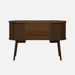 Scrivania ovale con effetto legno scanalato e due vani portaoggetti, 120cm