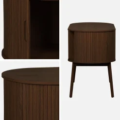 Scrivania ovale con effetto legno scanalato e due vani portaoggetti, 120cm