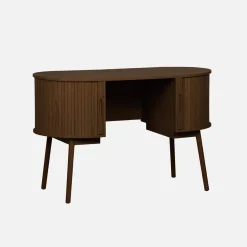 Scrivania ovale con effetto legno scanalato e due vani portaoggetti, 120cm