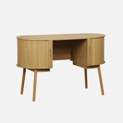 Scrivania ovale con effetto legno scanalato e due vani portaoggetti, 120cm
