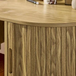Scrivania ovale con effetto legno scanalato e due vani portaoggetti, 120cm