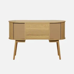 Scrivania ovale con effetto legno scanalato e due vani portaoggetti, 120cm