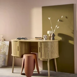 Scrivania ovale con effetto legno scanalato e due vani portaoggetti, 120cm