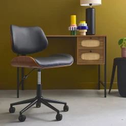 Sedia da ufficio con rotelle, effetto legno curvato e similpelle
