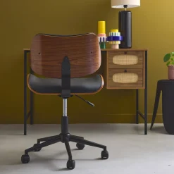 Sedia da ufficio con rotelle, effetto legno curvato e similpelle