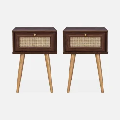 Set 2 comodini effetto legno e cannage