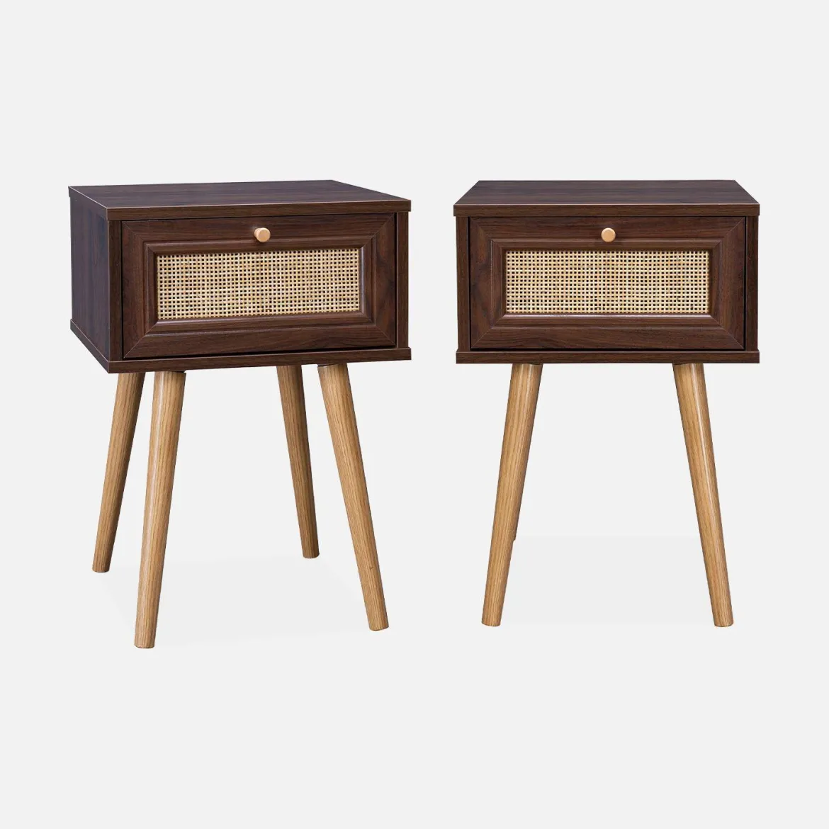Set 2 comodini effetto legno e cannage