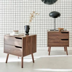 Set 2 comodini effetto legno noce, 2 cassetti