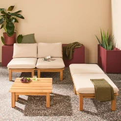 Set 2 lettini prendisole modulari in legno multiposizione con tavolino