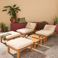 Set 2 lettini prendisole modulari in legno multiposizione con tavolino