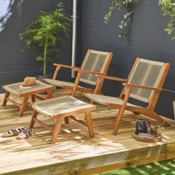 Set 2 poltrone da giardino e poggiapiedi in legno e corda
