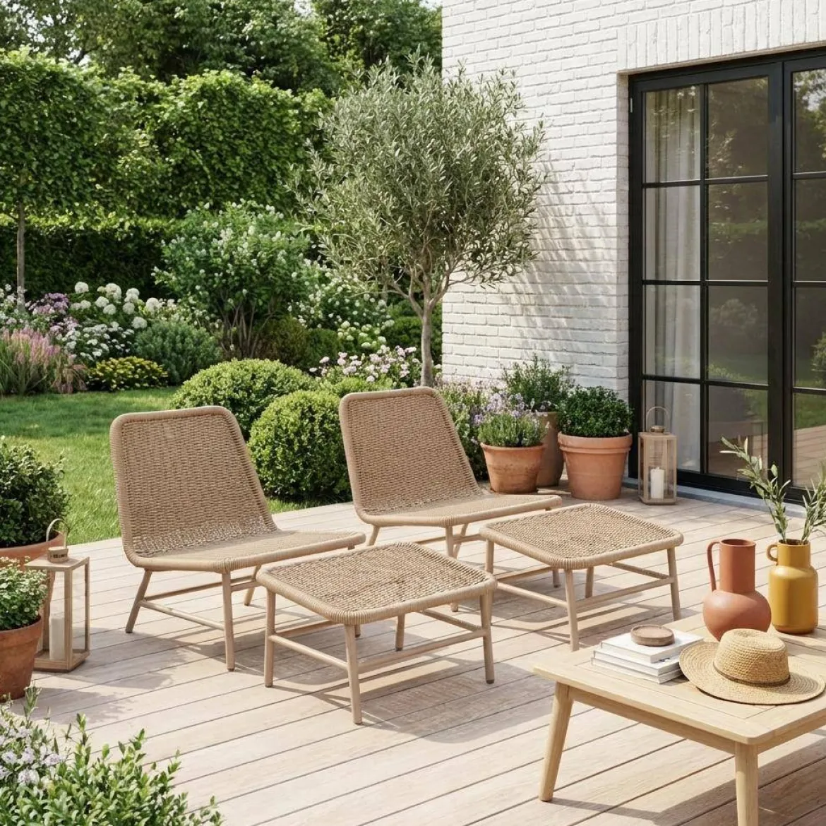 Set 2 poltrone da giardino con poggiapiedi in alluminio e corda