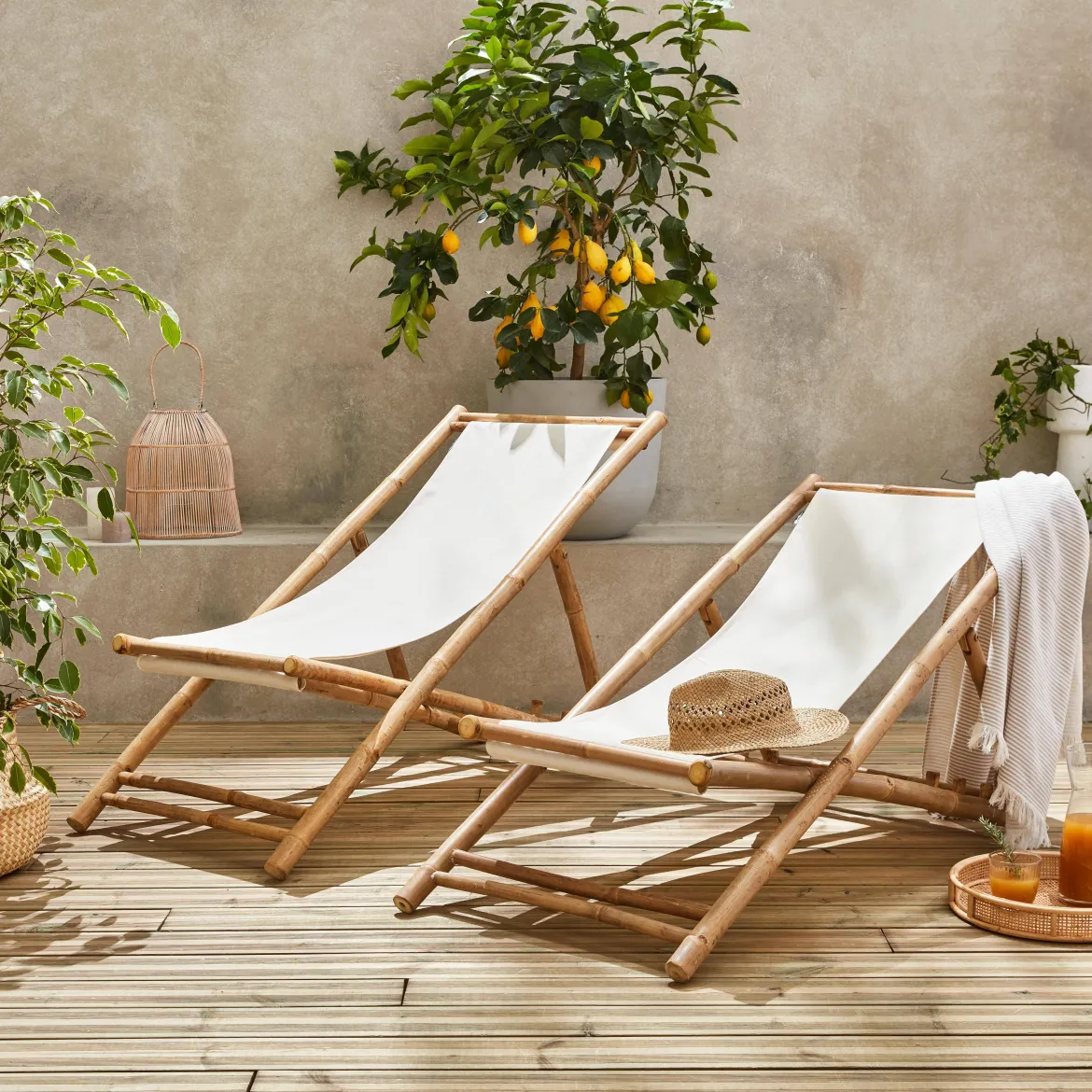 Set 2 sedie sdraio in bambù e tela naturale pieghevoli multiposizione