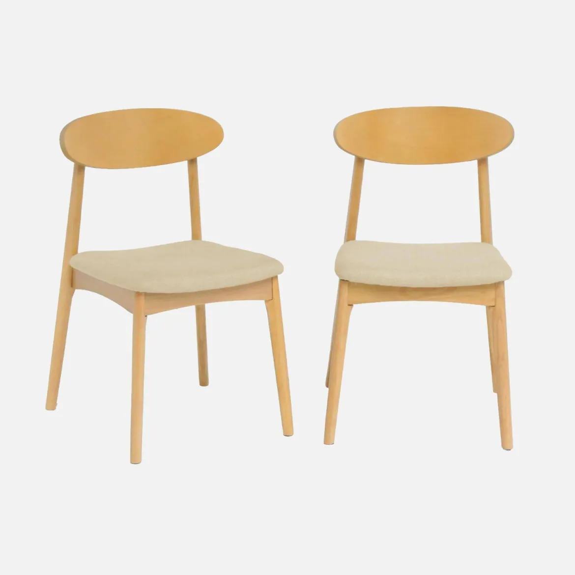 Set 2 sedie vintage in legno di hevea naturale e tessuto