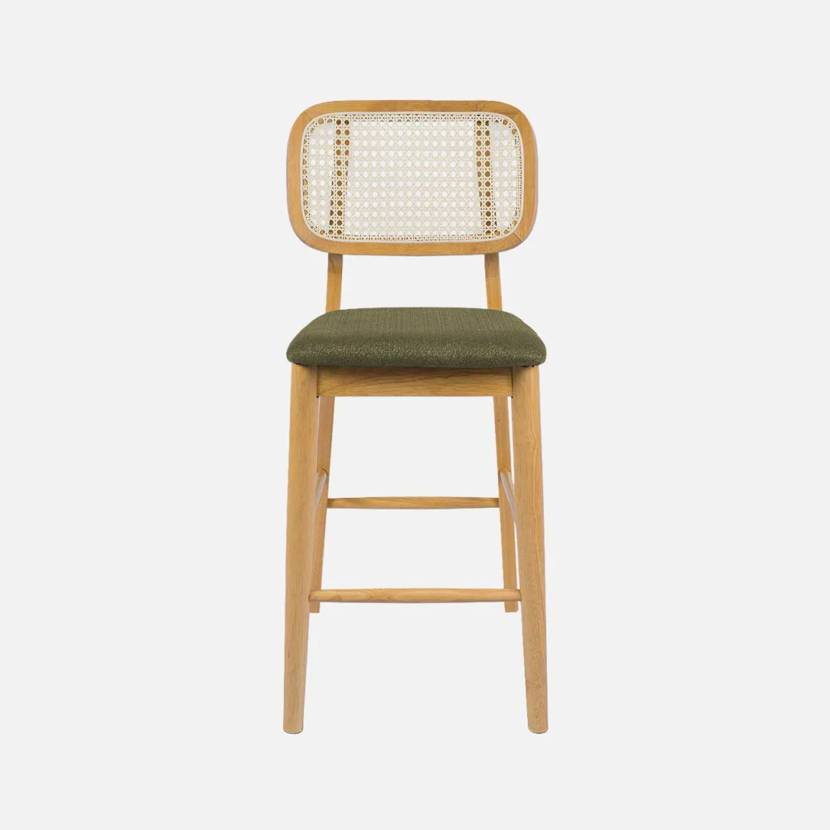Set 2 sgabelli da bar in legno di hevea con impagliatura e tessuto, 66,5 cm